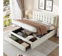 Btm 4Ft6 Double Upholstered Bed 135X190Cm Velvet Storage Slatted Headboard Cream No Mattress