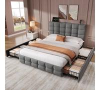 Btm 4Ft6 Double Upholstered Bed, 4 Storage Drawers, Adjustable Tufted Headboard, Usb & Type-C, Grey