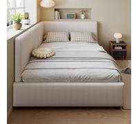 Btm 4Ft6 Double Upholstered Bed, Corduroy Bed Frame With Twin Headboards, Side Rails And Wooden Slats, Beige