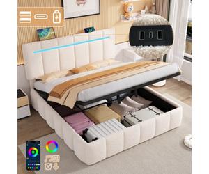Btm 4Ft6 Double Upholstered Bed Frame With Hydraulic Storage Led Adjustable Headboard Charging Ports Boucle Beige No Mattress