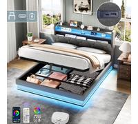 Btm 4Ft6 Double Upholstered Bed Frame With Hydraulic Storage Led Headboard With Usb And Type C Ports Grey