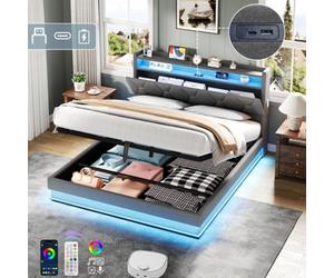 Btm 4Ft6 Double Upholstered Bed Frame With Hydraulic Storage Led Headboard With Usb And Type C Ports Grey