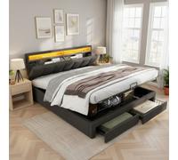 Btm 4Ft6 Double Upholstered Bed, Hydraulic Storage, Led, Linen, Grey