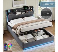 Btm 4Ft6 Double Upholstered Bed, Hydraulic Storage, Led X Shape Headboard With Charging Station And Flip Top Storage, Linen Grey