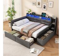 Btm 4Ft6 Double Upholstered Bed, Led Headboard, Usb And Type C Charging, Storage Drawers And Shelves, Linen, 135X190Cm