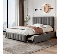 BTM 4Ft6 Double Upholstered Bed With 4 Storage Drawers, Velvet Frame, Adjustable Headboard, Grey (No Mattress)