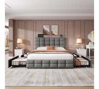 BTM 4Ft6 Double Upholstered Bed With 4 Storage Drawers, Velvet Frame, Adjustable Tufted Headboard, Usb & Type-C Ports, Grey
