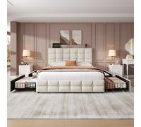 BTM 4Ft6 Double Upholstered Bed With 4 Storage Drawers, Velvet Frame, Adjustable Tufted Headboard, Usb & Type-C Ports, Beige