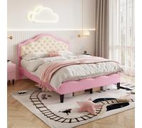Btm 4Ft6 Double Upholstered Bed With Adjustable Button-Tufted Headboard, Pu Faux Leather, Pink+Beige (No Mattress)