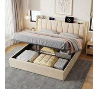 Btm 4Ft6 Double Upholstered Bed With Hydraulic Storage Led Headboard Charging Station Usb Type C Linen Beige No Mattress
