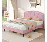 Btm 4Ft6 Double Upholstered Bed With Led Adjustable Shell Headboard Velvet Frame Solid Wood Slats Pink No Mattress