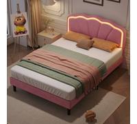 BTM 4Ft6 Double Upholstered Bed With Led Adjustable Shell Headboard, Velvet Frame, Solid Wood Slats, Pink (No Mattress)