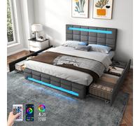 BTM 4Ft6 Double Upholstered Bed With Led Lighting And Storage, Linen Fabric, Adjustable Headboard, Grey (No Mattress)
