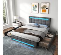 BTM 4Ft6 Double Upholstered Bed With Led Lighting And Storage, Linen Fabric, Adjustable Headboard, Grey (No Mattress)