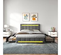 Btm 4Ft6 Double Upholstered Bed With Led Lighting, Linen Fabric, Adjustable Headboard, Grey (No Mattress)