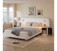BTM 4ft6 Double Upholstered Bed with Reading Light & Bedside Table, Beige BTM Beige