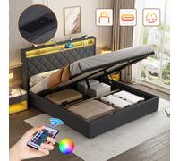 Btm 4Ft6 Double Upholstered Ottoman Bed With Hydraulic Storage Led Tufted Headboard With Charging Station Grey