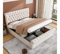 Btm 4Ft6 Double Upholstered Sleigh Bed, Velvet Button-Tufted Frame With Storage & Slats, Beige