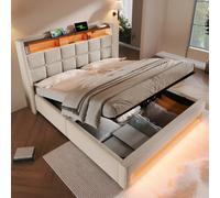 Btm 4Ft6 Double Upholstered Storage Bed With Led Lighting Usb Charging Storage Headboard Linen Beige No Mattress