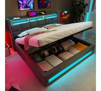 Btm 4Ft6 Double Upholstered Storage Bed With Led Lighting Usb Charging Storage Headboard Linen Grey No Mattress