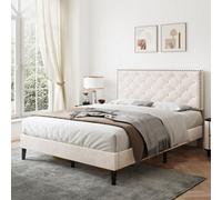 Btm 4Ft6 Double Upholstered Velvet Bed, Adjustable Button-Tufted & Riveted Headboard, Beige (No Mattress)