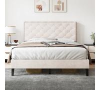 BTM 4Ft6 Double Upholstered Velvet Bed, Adjustable Button-Tufted & Riveted Headboard, Beige (No Mattress)