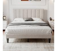 BTM 4Ft6 Double Upholstered Velvet Bed, Adjustable Channel-Tufted Headboard, Beige (No Mattress)