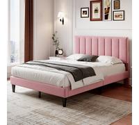 BTM 4Ft6 Double Upholstered Velvet Bed, Adjustable Channel-Tufted Headboard, Pink (No Mattress)