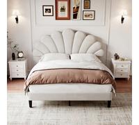 Btm 4Ft6 Double Upholstered Velvet Bed, Adjustable Chic Petal Headboard, Velvet Frame, Beige (No Mattress)