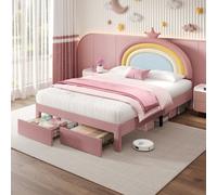 Btm 4Ft6 Double Upholstered Velvet Bed With Storage Drawer Rainbow Crown Headboard Pink