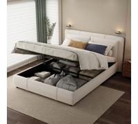 Btm 4Ft6 Double Upholstered Velvet Hydraulic Bed With Storage Removable Soft Headboard Beige