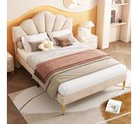 Btm 4Ft6 Double Velvet Upholstered Bed 135X190Cm, Shell Design, Adjustable Headboard, Beige