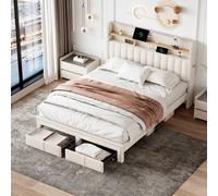 Btm 4Ft6 Linen Double Bed With 2 Drawers, Riveted Frame, Usb Charging Led Lighting, Easy Assembly, Beige
