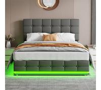 Btm 4Ft6 Ottoman Bed, Pu Leather Upholstered, Hydraulic Storage, Led Lighting, Adjustable Button Tufted Headboard, Grey