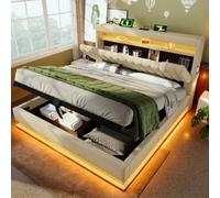 Btm 4Ft6 Upholstered Hydraulic Bed 135X190Cm, Led Lighting, Usb C, Storage Headboard, Linen, Beige (No Mattress)