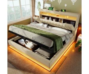 Btm 4Ft6 Upholstered Hydraulic Bed 135X190Cm, Led Lighting, Usb C, Storage Headboard, Linen, Beige (No Mattress)