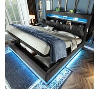 Btm 4Ft6 Upholstered Hydraulic Bed 135X190Cm, Led Lighting, Usb C, Storage Headboard, Linen, Grey (No Mattress)