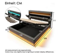 Btm 4Ft6 Upholstered Hydraulic Bed 135X190Cm, Led Lighting, Usb C, Storage Headboard, Linen, Grey (No Mattress)