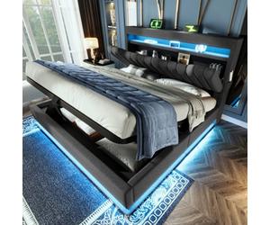 Btm 4Ft6 Upholstered Hydraulic Bed 135X190Cm, Led Lighting, Usb C, Storage Headboard, Linen, Grey (No Mattress)