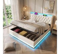 Btm 4Ft6 Upholstered Ottoman Bed, 360 Led Lights, Hydraulic Storage, Usb Charging, White Pu, 135X190Cm