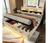 Btm 4Ft6 Upholstered Storage Bed 135X190Cm, Led And Usb Type C, Storage Headboard, Linen Beige (No Mattress)