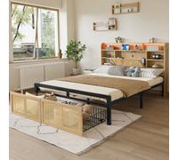 Btm 4Ft6 Wooden Bed 135X190 Cm, Double Bed With Charging Port, Led Headboard Storage, Rattan Drawer, Mdf+Iron, Wood