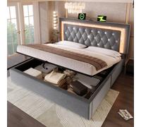 Btm 5Ft 150X200 Upholstered Bed With Led And Usbc, Hydraulic Storage, Diamond Tufted Headboard, Velvet Grey