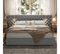Btm 5Ft King Hydraulic Storage Bed, Velvet Upholstered, Wide Headboard, With Reading Light, Grey