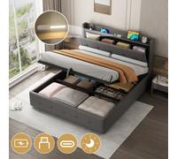 Btm 5Ft King Pu Leather Ottoman Bed Grey With Led Light Charging Ports And Hidden Headboard Storage