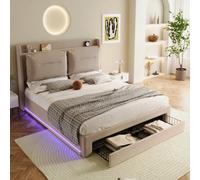 Btm 5Ft King Size Upholstered Bed 150X200 Velvet With Hydraulic Storage Drawers Led Light Strips Slatted Frame Beige