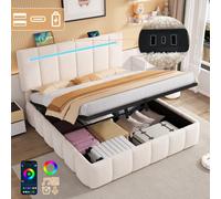 Btm 5Ft King Upholstered Bed Frame With Hydraulic Storage Led Adjustable Headboard Charging Ports Boucle Beige No Mattress