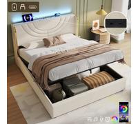 Btm 5Ft King Upholstered Bed, Hydraulic Storage, Led Headboard, Usb/type-C, Linen, Beige (No Mattress)
