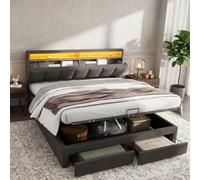 Btm 5Ft King Upholstered Bed, Led Lighting, Hydraulic Storage With Bed Box And Drawers, Linen Grey, 150X200Cm