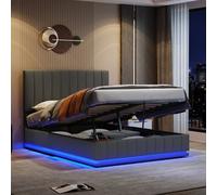 BTM 5Ft Ottoman King Bed With Led Lighting, Pu Leather Upholstered, Hydraulic Storage, Channel Tufted Headboard, Grey (No Mattress)